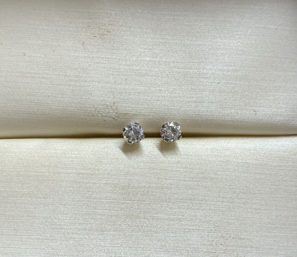 Studex 14K White Gold Earrings 3mm Round CZ Cubic Zirconia 4 Prong Stud